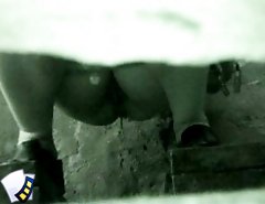Raunchy hotties urinates onto spy cam in public loo