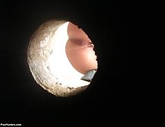 Meaty peeing pussy shot through a hole